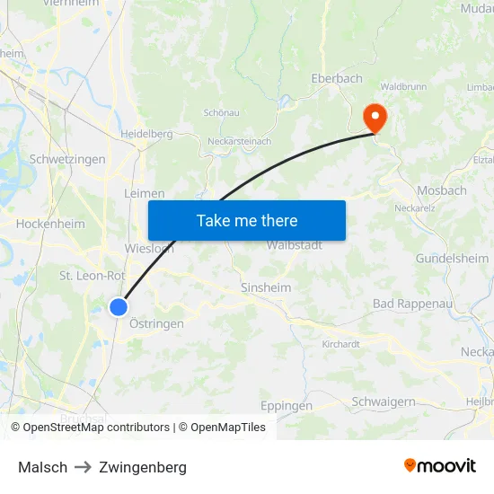 Malsch to Zwingenberg map