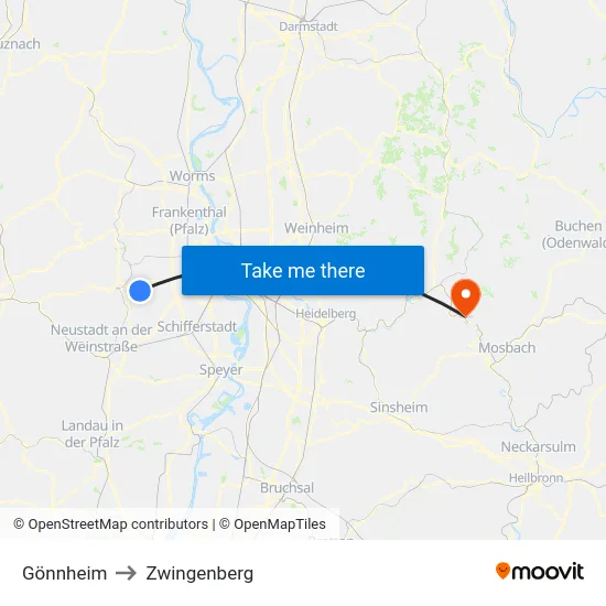 Gönnheim to Zwingenberg map