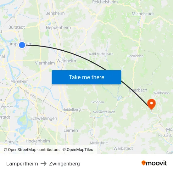 Lampertheim to Zwingenberg map