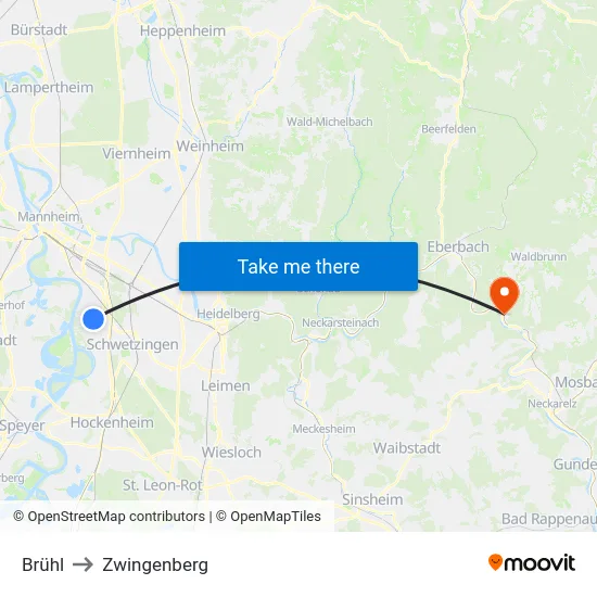 Brühl to Zwingenberg map