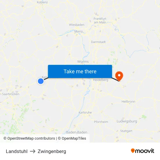Landstuhl to Zwingenberg map
