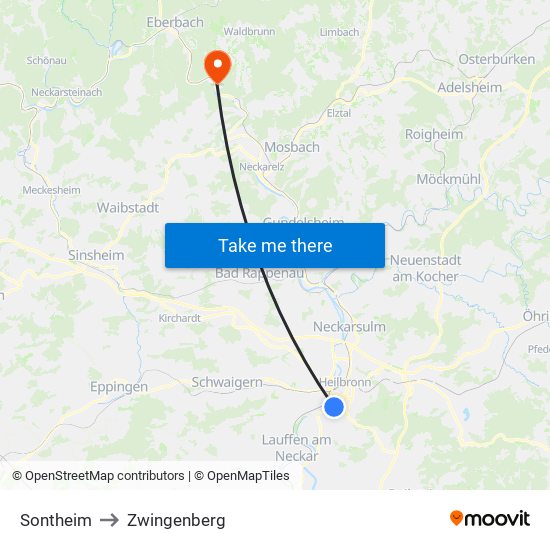 Sontheim to Zwingenberg map