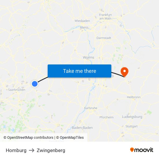Homburg to Zwingenberg map