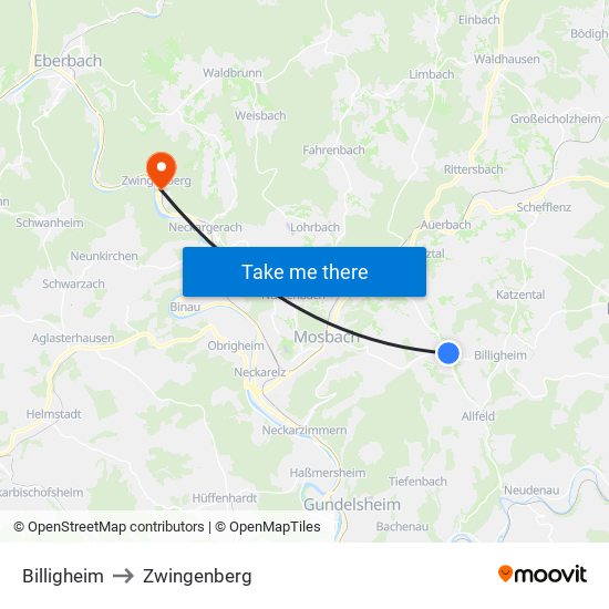 Billigheim to Zwingenberg map