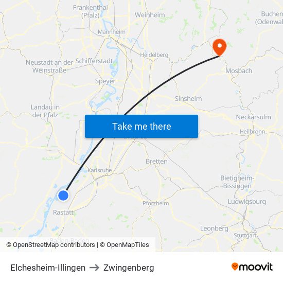 Elchesheim-Illingen to Zwingenberg map