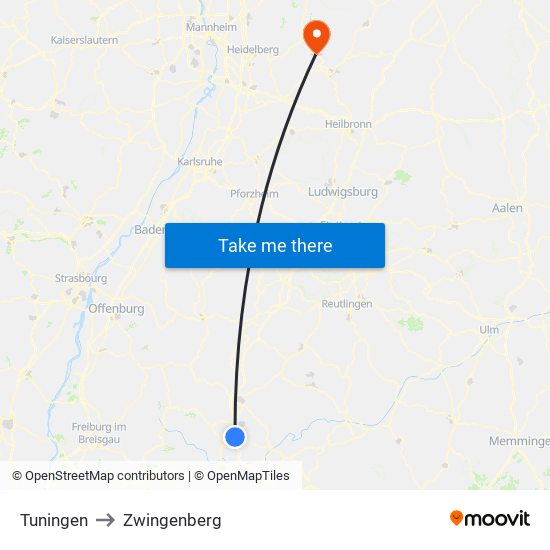 Tuningen to Zwingenberg map