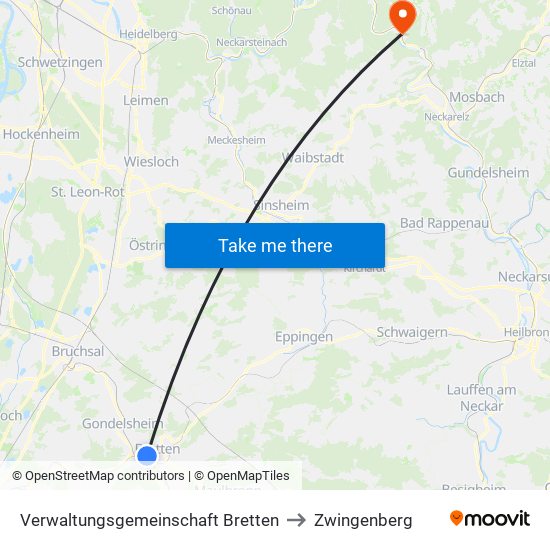 Verwaltungsgemeinschaft Bretten to Zwingenberg map