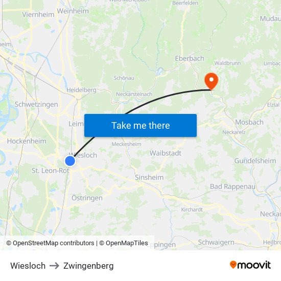 Wiesloch to Zwingenberg map