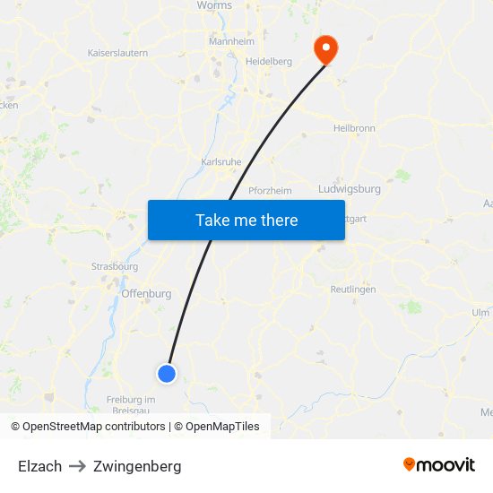 Elzach to Zwingenberg map