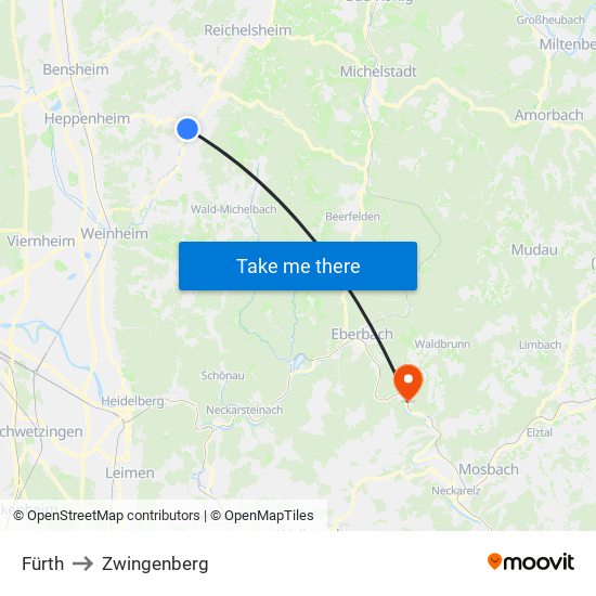 Fürth to Zwingenberg map