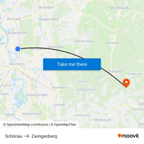 Schönau to Zwingenberg map