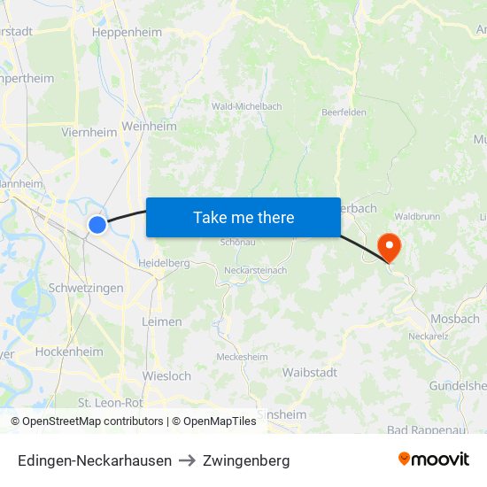 Edingen-Neckarhausen to Zwingenberg map
