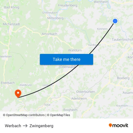 Werbach to Zwingenberg map