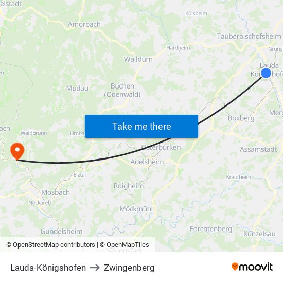 Lauda-Königshofen to Zwingenberg map