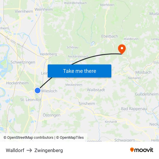 Walldorf to Zwingenberg map