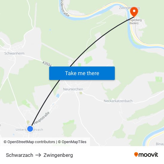 Schwarzach to Zwingenberg map