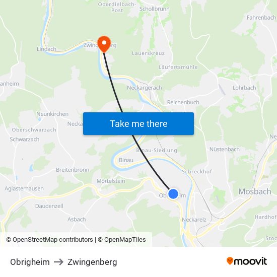 Obrigheim to Zwingenberg map