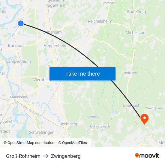 Groß-Rohrheim to Zwingenberg map