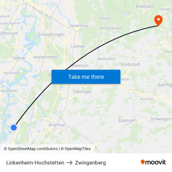 Linkenheim-Hochstetten to Zwingenberg map