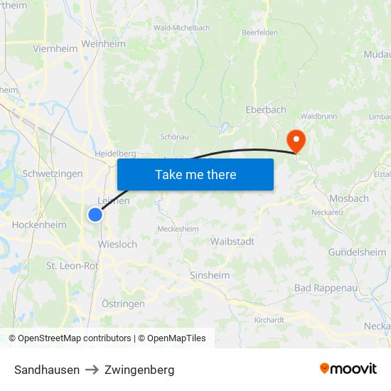 Sandhausen to Zwingenberg map