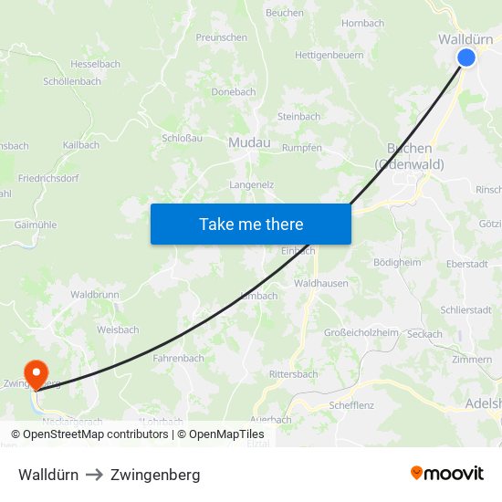 Walldürn to Zwingenberg map