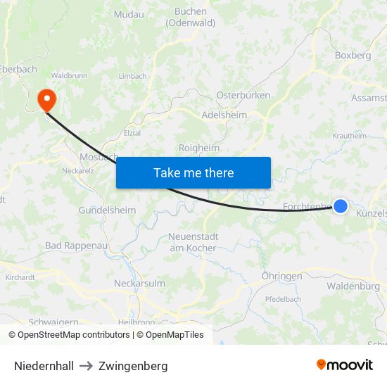 Niedernhall to Zwingenberg map