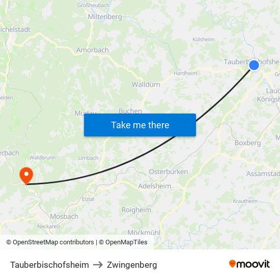 Tauberbischofsheim to Zwingenberg map