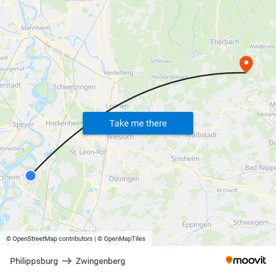 Philippsburg to Zwingenberg map