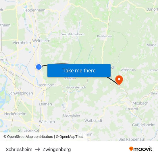Schriesheim to Zwingenberg map