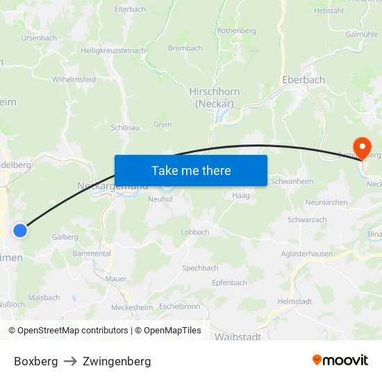 Boxberg to Zwingenberg map