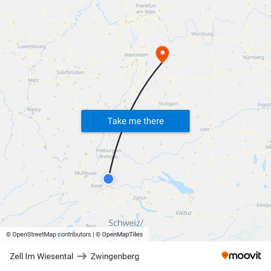 Zell Im Wiesental to Zwingenberg map