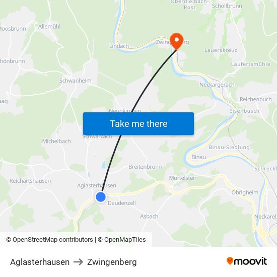 Aglasterhausen to Zwingenberg map