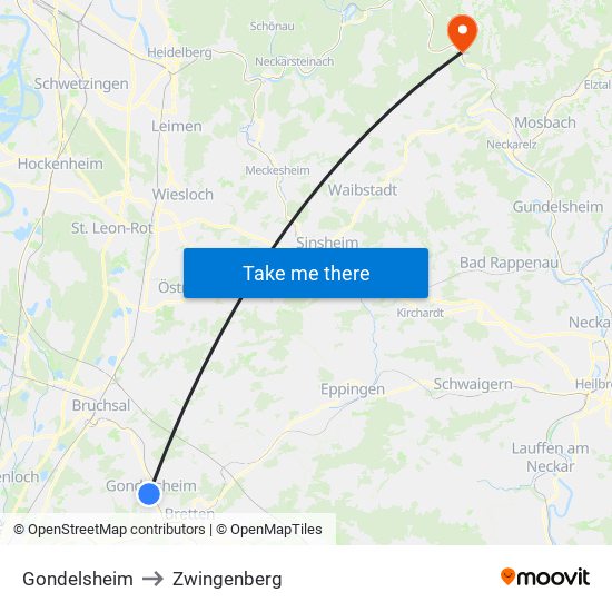 Gondelsheim to Zwingenberg map
