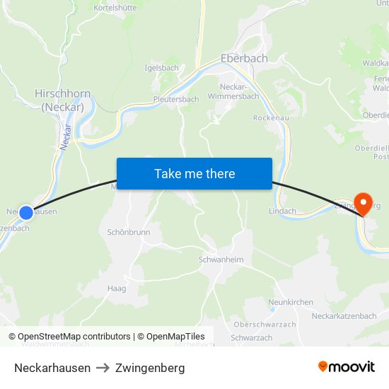 Neckarhausen to Zwingenberg map