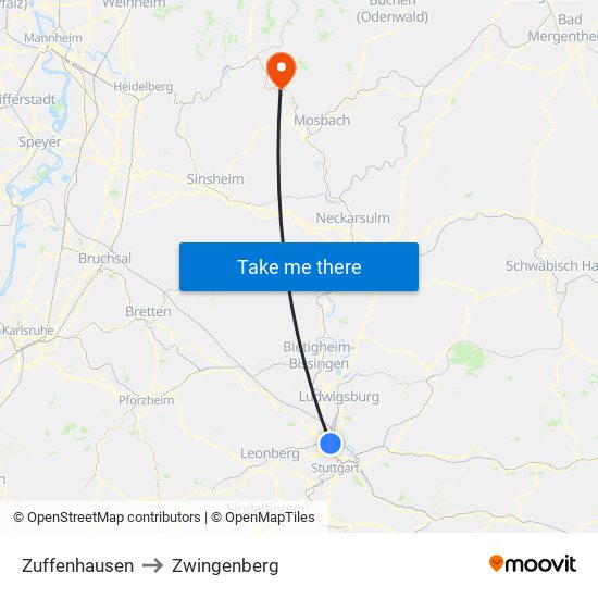 Zuffenhausen to Zwingenberg map