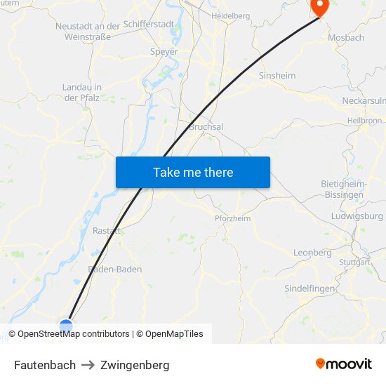 Fautenbach to Zwingenberg map