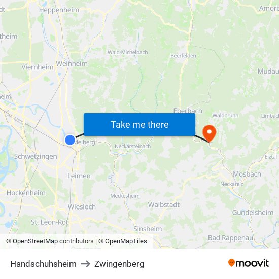 Handschuhsheim to Zwingenberg map