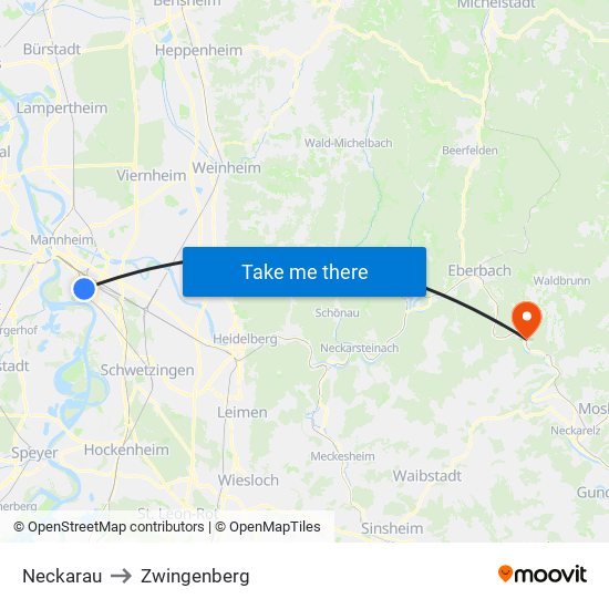 Neckarau to Zwingenberg map