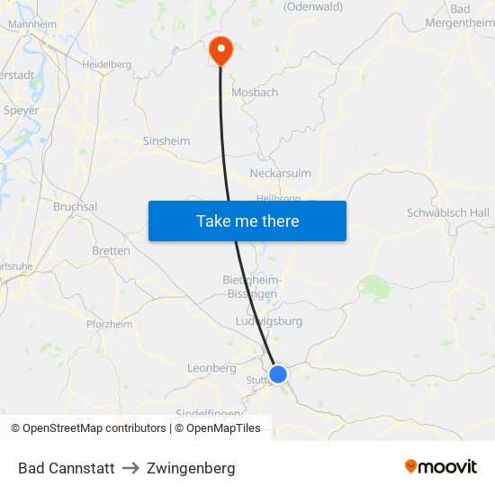 Bad Cannstatt to Zwingenberg map