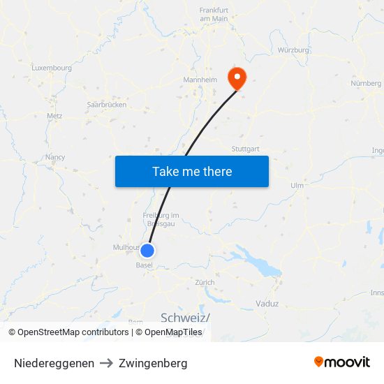 Niedereggenen to Zwingenberg map