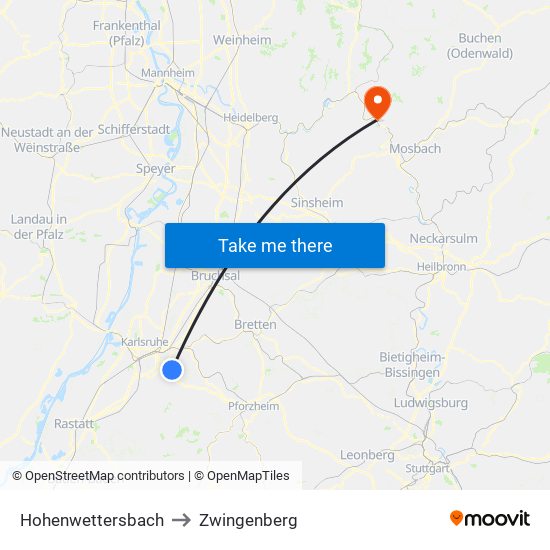 Hohenwettersbach to Zwingenberg map