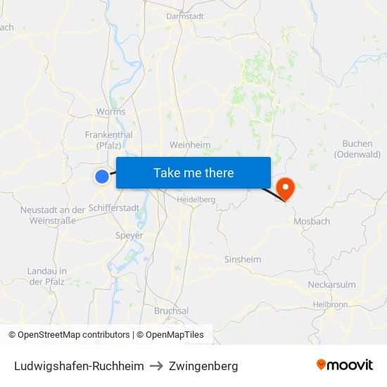 Ludwigshafen-Ruchheim to Zwingenberg map