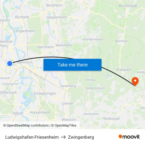 Ludwigshafen-Friesenheim to Zwingenberg map