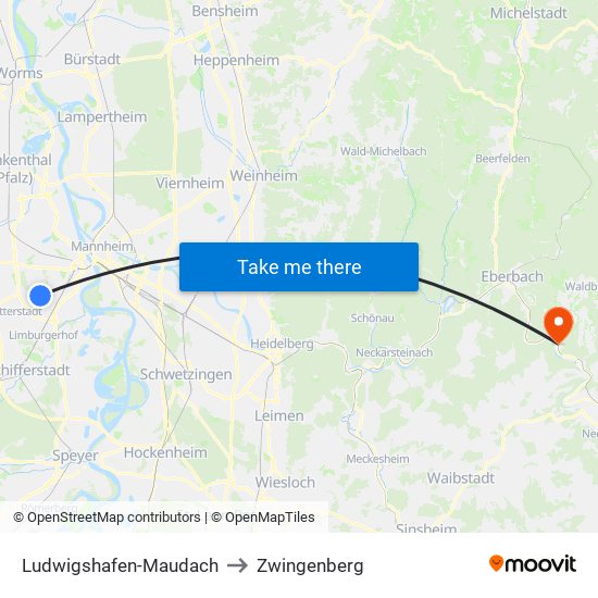 Ludwigshafen-Maudach to Zwingenberg map