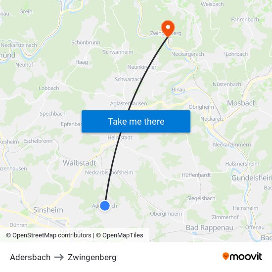 Adersbach to Zwingenberg map