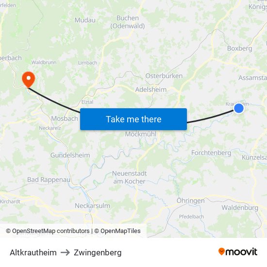 Altkrautheim to Zwingenberg map