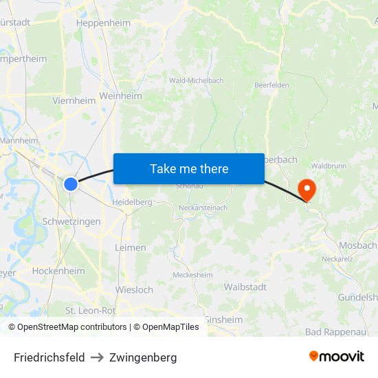 Friedrichsfeld to Zwingenberg map