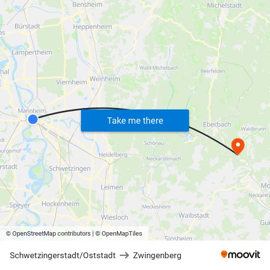 Schwetzingerstadt/Oststadt to Zwingenberg map