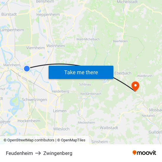 Feudenheim to Zwingenberg map