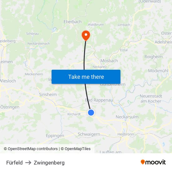 Fürfeld to Zwingenberg map